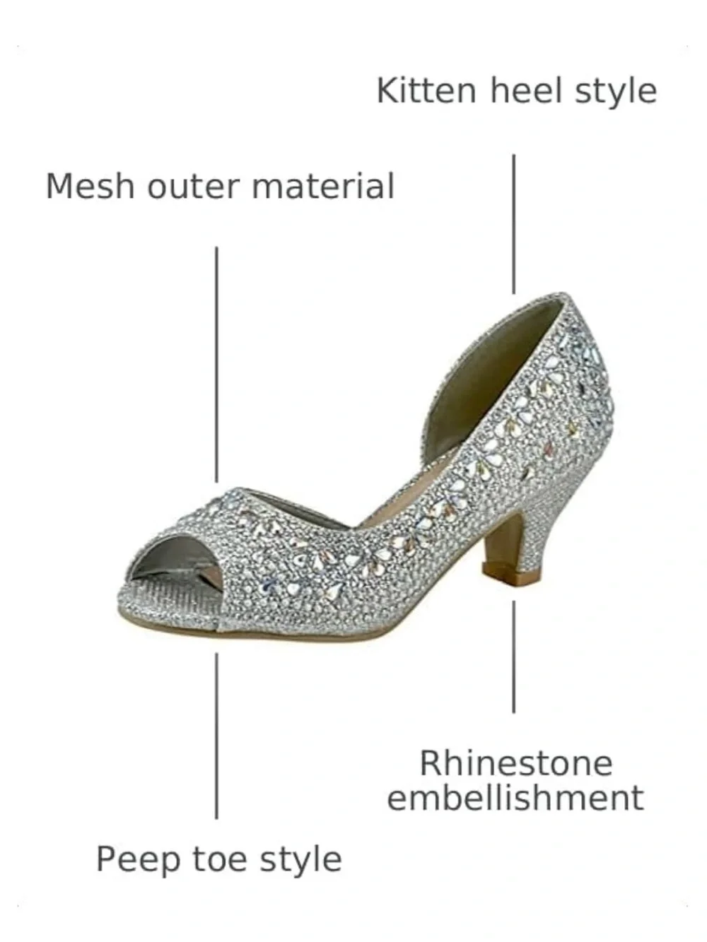 Girls' Fancy Silver Sparkle Rhinestone Embellished Open-Toe Dress Heels | Size 1